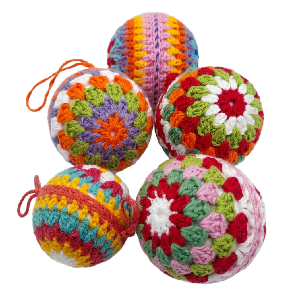 Detalle de bolas navideñas multicolor tejidas a crochet